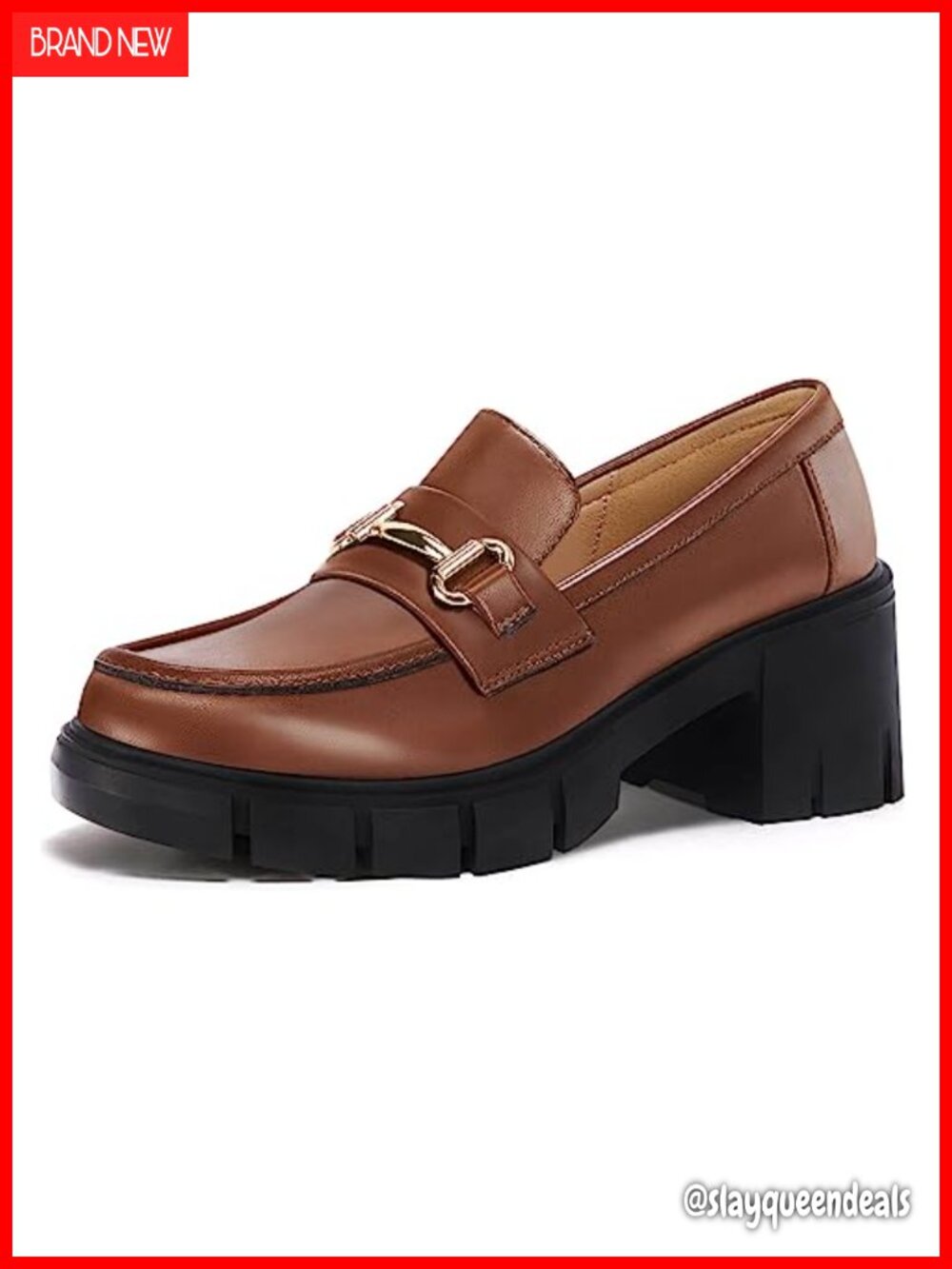 Chunky Platform Faux Leather Loafers with Buckle Chain Slip-On Work Shoes